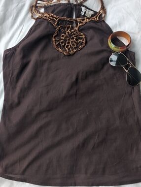 Zara Brown Cotton Blend Sleeveless Top | Size M | Beaded Neckline Detail